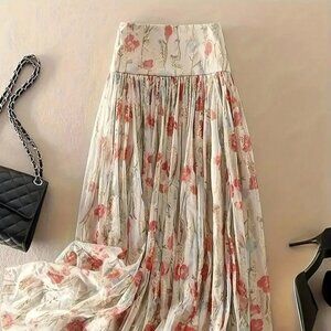 Apricot Elegant Bohemian Women's Double-Layer Mesh Foil Pleated Skirt